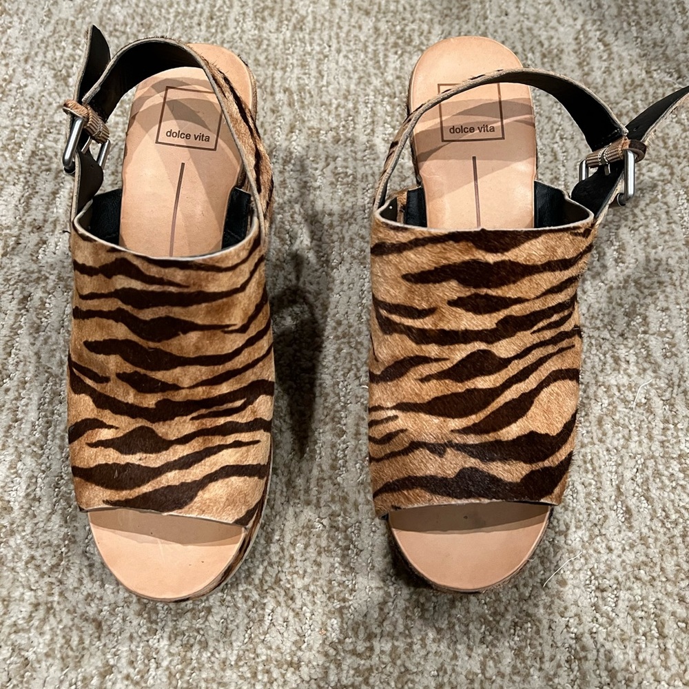 Tiger fur Dolce Vita platform open toe sling backs.